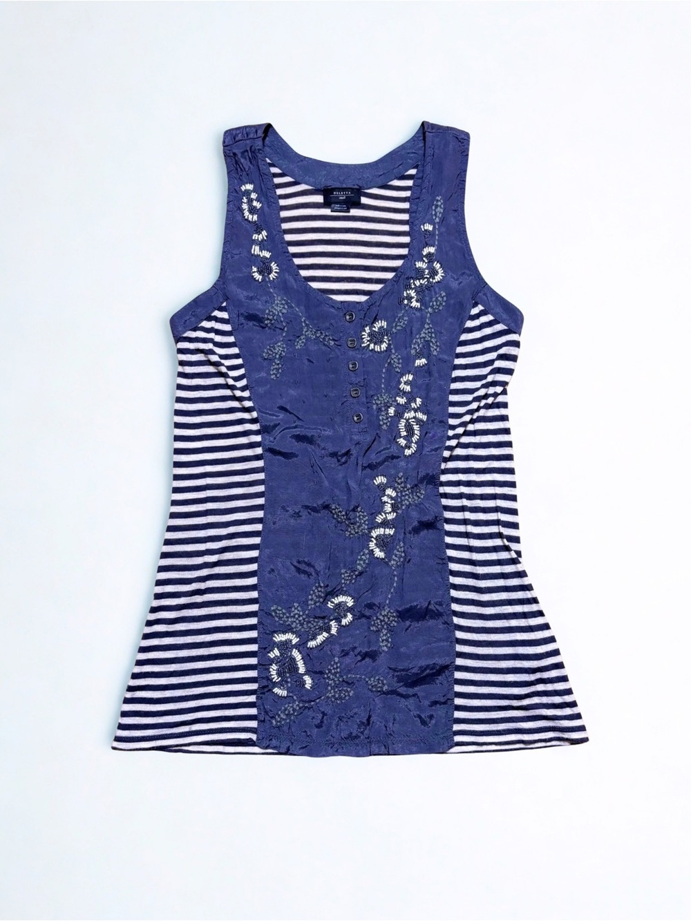 Deletta Grey Mixed Fabric Henley Tank Striped Panels Beaded Embroidered Size S
